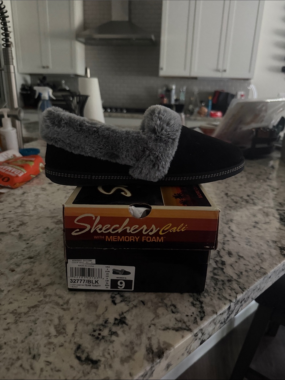 Skechers Black Slip-On Slippers with Gray Faux-Fur Collar